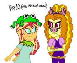 Size: 2000x1643 | Tagged: safe, artist:ktd1993, adagio dazzle, sunset shimmer, equestria girls, g4, 30 day otp challenge, animal ears, female, kermit the frog, lesbian, miss piggy, ship:sunsagio, shipping, simple background, transparent background