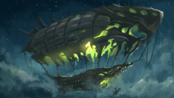 Size: 1920x1080 | Tagged: safe, artist:plainoasis, changeling, airship, cloud, cloudy, flying, night, sky