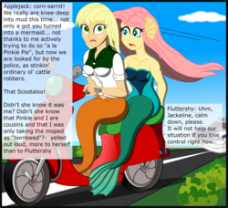 Size: 2568x2341 | Tagged: safe, artist:physicrodrigo, edit, editor:rmzero, part of a set, applejack, fluttershy, mermaid, series:equestria mermaids, equestria girls, g4, car, clothes, cloud, coast, curse, cursed, day, dialogue, dress, high res, implied pinkie pie, implied police officer, implied scootaloo, mermaidized, ocean, part of a series, patrol, police, police car, scooter, spanish, species swap, text
