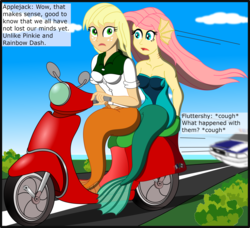 Size: 2568x2341 | Tagged: safe, artist:physicrodrigo, edit, editor:rmzero, part of a set, applejack, fluttershy, mermaid, series:equestria mermaids, equestria girls, g4, car, clothes, cloud, coast, curse, cursed, day, dialogue, dress, high res, implied pinkie pie, implied rainbow dash, mermaidized, ocean, part of a series, patrol, police, police car, scooter, species swap, text