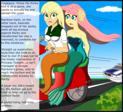 Size: 2568x2341 | Tagged: safe, artist:physicrodrigo, edit, editor:rmzero, part of a set, applejack, fluttershy, mermaid, series:equestria mermaids, equestria girls, g4, car, clothes, cloud, coast, curse, cursed, day, dialogue, dress, funetik aksent, high res, implied pinkie pie, implied rainbow dash, implied rarity, mermaidized, ocean, part of a series, patrol, police, police car, scooter, species swap, text