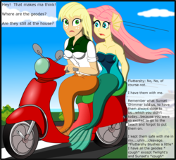 Size: 2568x2341 | Tagged: safe, artist:physicrodrigo, edit, editor:rmzero, part of a set, applejack, fluttershy, mermaid, series:equestria mermaids, equestria girls, g4, car, clothes, cloud, coast, curse, cursed, day, dialogue, dress, funetik aksent, geode of super strength, high res, implied sunset shimmer, implied twilight sparkle, mermaidized, ocean, part of a series, patrol, police, police car, scooter, species swap, text