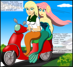 Size: 2568x2341 | Tagged: safe, artist:physicrodrigo, edit, editor:rmzero, part of a set, applejack, fluttershy, mermaid, series:equestria mermaids, equestria girls, g4, car, clothes, cloud, coast, curse, cursed, day, dialogue, dress, funetik aksent, geode of super strength, gills, high res, mermaidized, ocean, part of a series, patrol, police, police car, scooter, species swap, text