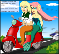 Size: 2568x2341 | Tagged: safe, artist:physicrodrigo, edit, editor:rmzero, part of a set, applejack, fluttershy, mermaid, series:equestria mermaids, equestria girls, g4, car, clothes, cloud, coast, curse, cursed, day, dialogue, dress, geode of super strength, high res, mermaidized, ocean, part of a series, patrol, police, police car, riding, scooter, species swap, text
