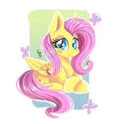 Size: 1280x1280 | Tagged: safe, artist:ask-colorsound, fluttershy, butterfly, pegasus, pony, g4, behaving like a bird, behaving like a duck, blush sticker, blushing, cute, eye contact, female, folded wings, looking at you, mare, prone, shy, shyabetes, simple background, smiling, solo, three quarter view