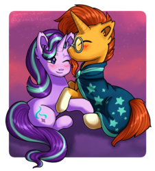 Size: 1391x1538 | Tagged: safe, artist:tears-of-xion, starlight glimmer, sunburst, pony, unicorn, g4, blushing, clothes, coat markings, female, glasses, kissing, male, one eye closed, raffle prize, ship:starburst, shipping, simple background, socks (coat markings), straight, transparent background