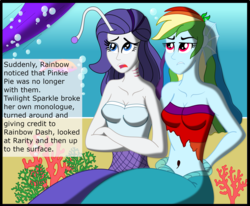 Size: 2341x1925 | Tagged: safe, artist:physicrodrigo, edit, editor:rmzero, part of a set, rainbow dash, rarity, twilight sparkle, alicorn, mermaid, series:equestria mermaids, equestria girls, g4, belly button, clothes, coral, curse, cursed, dialogue, dress, implied pinkie pie, mermaidized, midriff, ocean, part of a series, species swap, text, twilight sparkle (alicorn), underwater, water