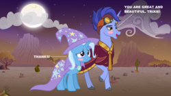 Size: 6000x3368 | Tagged: safe, artist:themexicanpunisher, hoo'far, trixie, pony, saddle arabian, unicorn, g4, road to friendship, blushing, cactus, cape, clothes, female, hat, male, mare, moon, scrunchy face, shipping, stallion, straight, trixfar, trixie's cape, trixie's hat