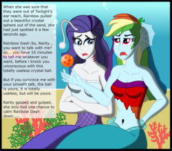 Size: 2341x2057 | Tagged: safe, artist:physicrodrigo, edit, editor:rmzero, part of a set, rainbow dash, rarity, alicorn, mermaid, series:equestria mermaids, equestria girls, g4, belly button, clothes, coral, curse, cursed, dialogue, dragon ball, dragon ball (object), dress, high res, implied sci-twi, implied twilight sparkle, mermaidized, midriff, ocean, part of a series, species swap, text, underwater, water