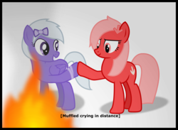 Size: 5142x3754 | Tagged: safe, artist:zylgchs, derpibooru exclusive, oc, oc only, oc:comment, oc:downvote, earth pony, pony, derpibooru, g4, derpibooru ponified, descriptive noise, fire, hoofbump, meta, ponified, simple background, smiling, smoke, transparent background, vector