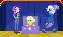 Size: 2328x1368 | Tagged: safe, artist:3d4d, granny smith, starlight glimmer, trixie, equestria girls, equestria girls specials, g4, my little pony equestria girls: mirror magic, my little pony: friendship is magic, road to friendship, beanie, boots, clothes, equestria girls interpretation, hand on hip, hat, high heel boots, pants, ripped pants, scene interpretation, shoes, skirt, wizard hat