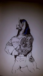 Size: 2121x3771 | Tagged: safe, artist:krashface, oc, oc only, oc:dark ice, anthro, high res, muscles, solo, tattoo