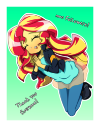 Size: 1500x1900 | Tagged: safe, artist:rockset, sunset shimmer, equestria girls, g4, blushing, clothes, eyes closed, female, jacket, jumping, open mouth, simple background, smiling, solo, text