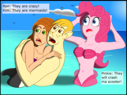 Size: 2719x2035 | Tagged: safe, artist:physicrodrigo, edit, editor:rmzero, part of a set, pinkie pie, mermaid, series:equestria mermaids, equestria girls, armpits, belly button, chara, cloud, crossover, curse, cursed, day, dialogue, female, hug, kim possible, male, mermaidized, midriff, ocean, part of a series, ron stoppable, shipping, species swap, straight, text, this will not end well, wat