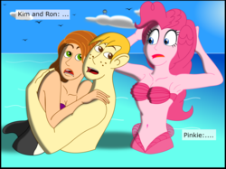 Size: 2719x2031 | Tagged: safe, artist:physicrodrigo, edit, editor:rmzero, part of a set, pinkie pie, mermaid, series:equestria mermaids, equestria girls, g4, armpits, belly button, chara, cloud, crossover, curse, cursed, day, dialogue, female, high res, hug, kim possible, male, mermaidized, midriff, ocean, part of a series, ron stoppable, shipping, species swap, straight, text, this will not end well