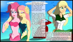 Size: 2962x1721 | Tagged: safe, artist:physicrodrigo, edit, editor:rmzero, part of a set, applejack, fluttershy, pinkie pie, bird, mermaid, series:equestria mermaids, equestria girls, g4, arm behind head, belly button, cloud, crash, curse, cursed, day, dialogue, fainted, female, gills, implied police officer, mermaidized, ocean, part of a series, reference, scooter, species swap, text, this will not end well