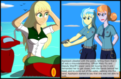 Size: 4380x2851 | Tagged: safe, artist:physicrodrigo, edit, editor:rmzero, part of a set, applejack, cloudchaser, copper top, misty fly, bird, mermaid, series:equestria mermaids, equestria girls, g4, arm behind head, cloud, crash, curse, cursed, day, dialogue, equestria girls-ified, female, gun, handgun, mermaidized, ocean, part of a series, pistol, police, police officer, reference, scooter, species swap, text, this will not end well, trio, trio female, weapon