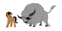 Size: 1254x637 | Tagged: safe, artist:phoenixazrael, bison, buffalo, pony, unicorn, crossover, dorian pavus, dragon age, dragon age: inquisition, duo, eye scar, eyepatch, gay, horn, long horn, looking at each other, male, ponified, scar, simple background, stallion, the iron bull, transparent background