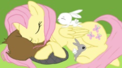 Size: 900x500 | Tagged: safe, artist:akataja, angel bunny, fluttershy, beaver, pegasus, pony, g4, pink mane, sleeping