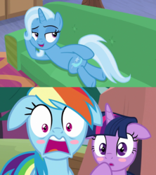 Size: 1280x1440 | Tagged: safe, edit, edited screencap, screencap, rainbow dash, trixie, twilight sparkle, alicorn, pegasus, pony, unicorn, g4, road to friendship, the washouts (episode), blush sticker, blushing, comic, couch, draw me like one of your french girls, female, floppy ears, implied threesome, lesbian, looking back, mare, prone, screencap comic, ship:twixie, shipping, trixdash, twilight sparkle (alicorn)