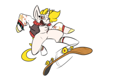 Size: 1280x864 | Tagged: safe, artist:omegapex, oc, oc only, oc:gold star, pony, unicorn, clothes, jacket, simple background, skateboard, solo, starry eyes, transparent background, wingding eyes