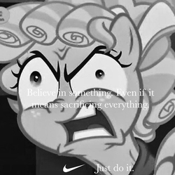 Size: 750x747 | Tagged: safe, edit, edited screencap, screencap, cozy glow, pegasus, pony, g4, school raze, believe in something, cozy glow is best facemaker, deranged, faic, female, filly, foal, grayscale, meme, monochrome, nike, solo