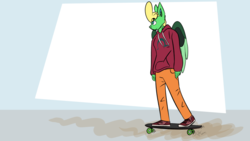 Size: 1280x720 | Tagged: safe, artist:omegapex, oc, oc only, oc:omega, pegasus, anthro, big hair, blue eyes, clothes, longboard, skateboard, solo, sweater, wings
