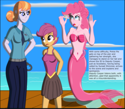 Size: 4000x3465 | Tagged: safe, artist:physicrodrigo, edit, editor:rmzero, part of a set, copper top, pinkie pie, scootaloo, mermaid, series:equestria mermaids, equestria girls, g4, belly button, breasts, busty scootaloo, clothes, cloud, curse, cursed, day, dialogue, dress, equestria girls-ified, female, mermaidized, midriff, miniskirt, ocean, part of a series, pinkie being pinkie, pleated skirt, police officer, skirt, skirtaloo, species swap, text, trio, trio female, weapon