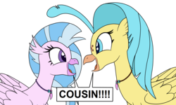 Size: 2697x1615 | Tagged: safe, artist:eagc7, princess skystar, silverstream, classical hippogriff, hippogriff, g4, my little pony: the movie, cousins, dialogue, duo, duo female, female, simple background, text, transparent background