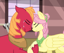 Size: 674x558 | Tagged: safe, artist:marbowsta, big macintosh, fluttershy, g4, alternate hairstyle, beard, crying, eyes closed, facial hair, female, floppy ears, holding hooves, male, nose to nose, older, ship:fluttermac, shipping, straight