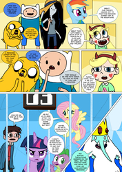 Size: 800x1133 | Tagged: safe, artist:imbriaart, fluttershy, rainbow dash, spike, twilight sparkle, alicorn, dragon, pegasus, pony, comic:magic princess war, g4, adventure time, comic, crossover, finn the human, ice king, jake the dog, male, marceline, marco diaz, star butterfly, star vs the forces of evil, twilight sparkle (alicorn)