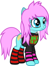 Size: 733x983 | Tagged: safe, artist:lightningbolt, derpibooru exclusive, oc, oc only, oc:scene chick, earth pony, pony, g4, .svg available, arm warmers, bring me the horizon, clandestine industries, clothes, ear piercing, earring, eyeliner, female, jewelry, makeup, mare, necklace, nose piercing, piercing, scene, scene kid, shirt, show accurate, simple background, smiling, snake bites, socks, solo, standing, striped socks, svg, transparent background, vector