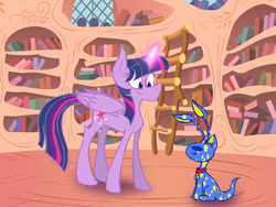 Size: 1024x768 | Tagged: safe, artist:azulmimi99, twilight sparkle, alicorn, pony, g4, aisha (neopets), crossover, female, golden oaks library, library, neopets, solo, twilight sparkle (alicorn)