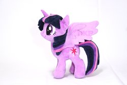 Size: 3000x2000 | Tagged: safe, artist:nekokevin, twilight sparkle, alicorn, pony, g4, cutie mark, female, high res, irl, mare, photo, plushie, simple background, smiling, solo, spread wings, twilight sparkle (alicorn), watermark, white background, wings