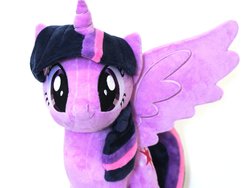 Size: 3000x2250 | Tagged: safe, artist:nekokevin, twilight sparkle, alicorn, pony, g4, cutie mark, female, high res, irl, looking at you, mare, photo, plushie, simple background, smiling, solo, spread wings, twilight sparkle (alicorn), white background, wings
