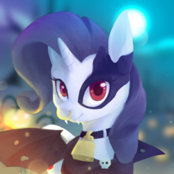 Size: 2000x2000 | Tagged: safe, alternate version, artist:stardep, rarity, cow, cow pony, vampire, g4, bat wings, bell, bell collar, collar, cowbell, fangs, female, halloween costume, high res, looking at you, nose piercing, nose ring, piercing, raricow, red eyes, simple background, smiling, solo, species swap