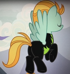 Size: 2763x2940 | Tagged: safe, screencap, lightning dust, pegasus, pony, g4, the washouts (episode), butt, clothes, female, flying, high res, lightning butt, mare, plot, solo, uniform, washouts uniform