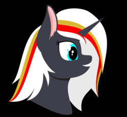 Size: 4468x4135 | Tagged: safe, artist:alltimemine, oc, oc only, oc:velvet remedy, pony, unicorn, fallout equestria, absurd resolution, black background, bust, ear fluff, fanfic, fanfic art, female, horn, lineless, mare, portrait, profile, simple background, smiling, solo, teeth, vector