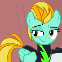 Size: 593x595 | Tagged: safe, screencap, lightning dust, pegasus, pony, g4, the washouts (episode), clothes, cropped, female, mare, solo, uniform, washouts uniform