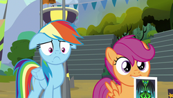 Size: 1280x720 | Tagged: safe, screencap, rainbow dash, scootaloo, g4, the washouts (episode), floppy ears, mouth hold, photo, sad face