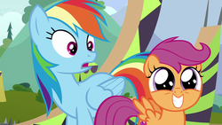 Size: 1280x720 | Tagged: safe, screencap, rainbow dash, scootaloo, pegasus, pony, g4, the washouts (episode), cute, cutealoo, cutie mark, female, filly, the cmc's cutie marks, varying degrees of want