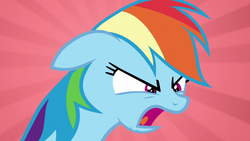 Size: 1280x720 | Tagged: safe, screencap, rainbow dash, pegasus, pony, g4, the washouts (episode), angry, cute, dashabetes, ears back, female, madorable, mare, open mouth, solo, sunburst background
