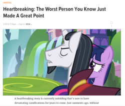 Size: 1357x1150 | Tagged: safe, edit, edited screencap, screencap, chancellor neighsay, twilight sparkle, alicorn, pony, g4, school daze, clickbait, clickhole, debate in the comments, op has an opinion, strawman has a point, twilight sparkle (alicorn)
