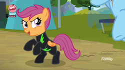 Size: 1278x718 | Tagged: safe, screencap, rainbow dash, scootaloo, pegasus, pony, g4, the washouts (episode), clothes, discovery family logo, female, filly, pint-sized dynamite, rearing, solo focus, uniform, washouts uniform