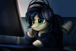 Size: 2117x1417 | Tagged: safe, artist:pridark, oc, oc only, earth pony, pony, clothes, cloven hooves, commission, computer, green eyes, headphones, lamp, male, smiling, solo, underhoof