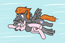 Size: 942x623 | Tagged: safe, artist:jargon scott, oc, oc only, oc:jet fuel, oc:steel beams, earth pony, pegasus, pony, duo, flying, holding a pony, open mouth, smiling, spread wings, wings