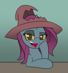 Size: 2000x2150 | Tagged: safe, artist:esfelt, oc, oc only, oc:mistral dusk, pony, unicorn, female, grin, hat, high res, lidded eyes, looking at you, mare, open mouth, raised hoof, simple background, smiling, solo, table
