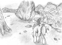 Size: 1984x1431 | Tagged: safe, artist:spackle, oc, oc only, oc:buck evergreen, earth pony, pony, bandana, male, monochrome, mountain, nature, outdoors, solo, stallion, traditional art, tree, walking