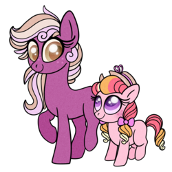 Size: 840x840 | Tagged: safe, artist:carouselunique, oc, oc:honeycrisp blossom, oc:pink apple, earth pony, pony, colored pupils, duo, female, filly, freckles, interdimensional siblings, magical threesome spawn, mare, multiple parents, offspring, parent:big macintosh, parent:princess cadance, parent:shining armor, parents:cadmac, parents:shiningcadmac, simple background, sisters, transparent background