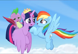 Size: 772x540 | Tagged: safe, screencap, rainbow dash, spike, twilight sparkle, alicorn, dragon, pegasus, pony, g4, my little pony: the movie, cropped, cutie mark, dragons riding ponies, female, flying, male, mare, riding, spike riding twilight, trio, twilight sparkle (alicorn), wings